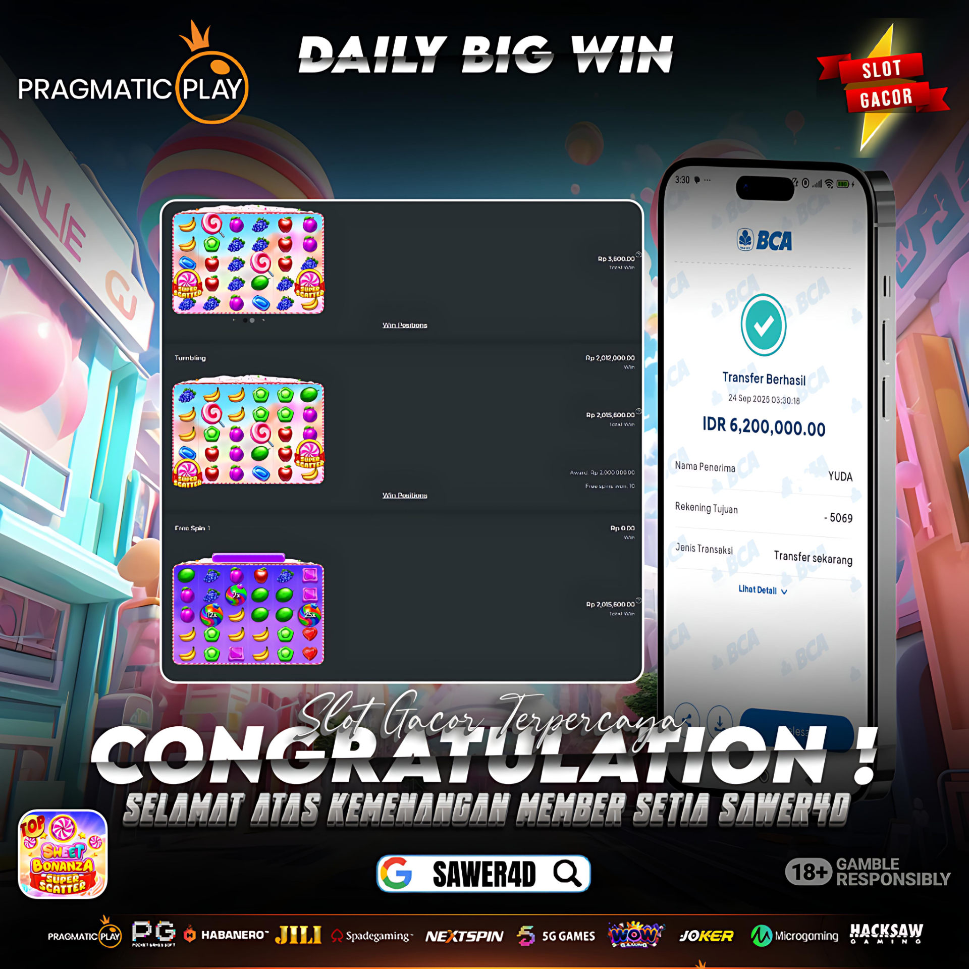 PRAGMATIC PLAY - JACKPOT SLOT SWEET BONANZA SUPER SCATTER  Rp.6.200.000,- LUNAS