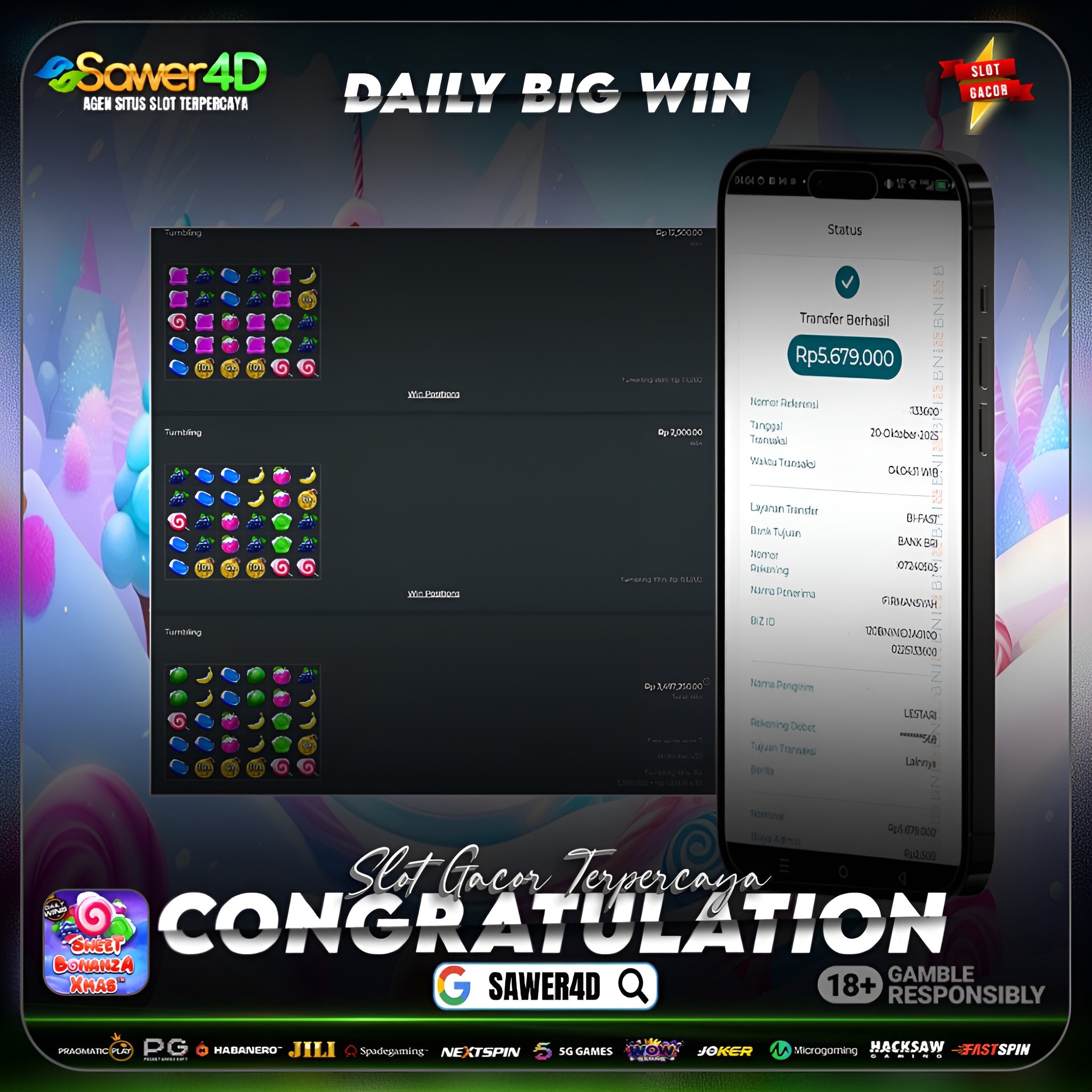 PRAGMATIC PLAY - JACKPOT SLOT SWEET BONANZA XMAS  Rp.5.679.000,- LUNAS