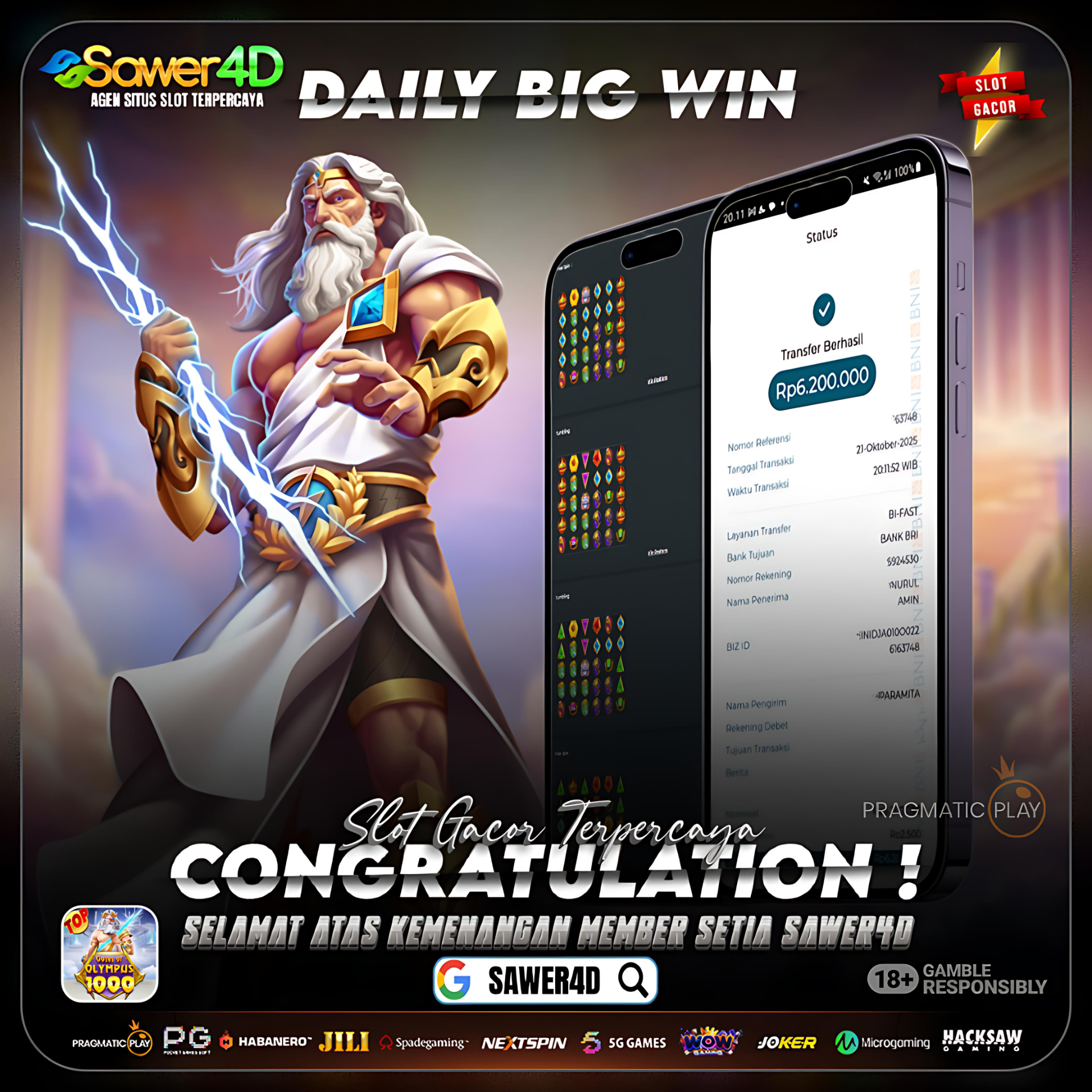 PRAGMATIC PLAY - JACKPOT SLOT GATES OF OLYMPUS  Rp.6.200.000,- LUNAS