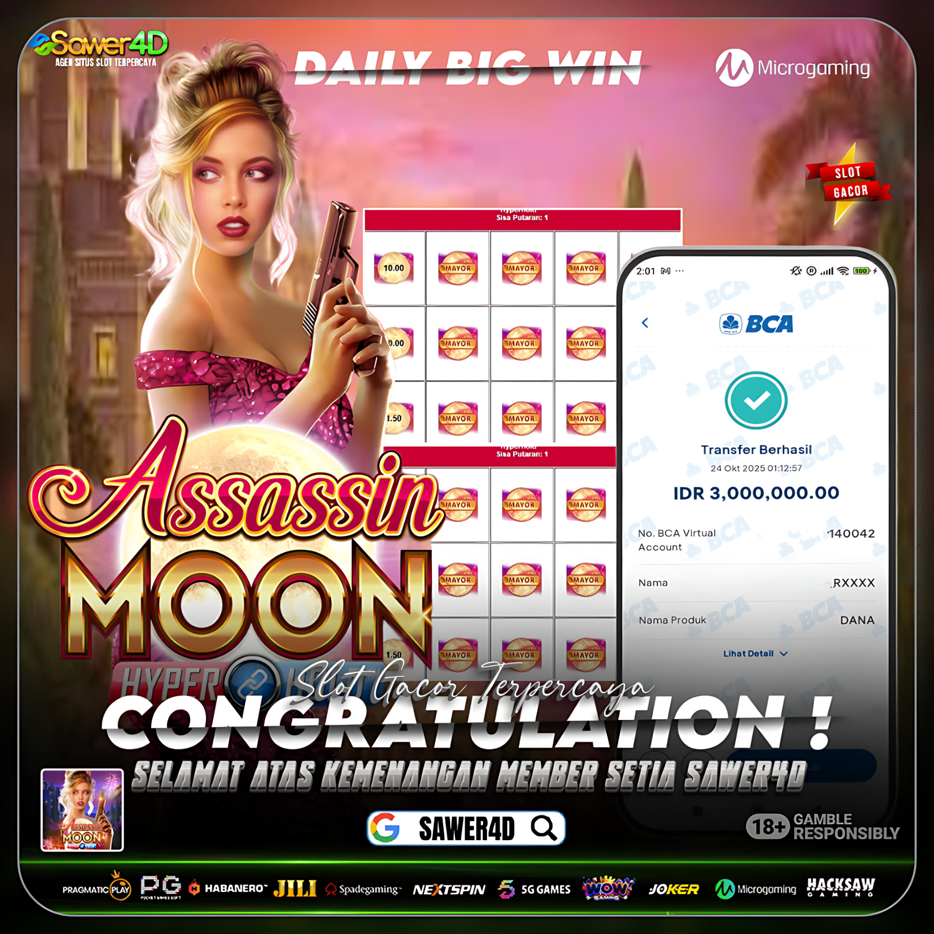 MICROGAMING - JACKPOT SLOT ASSASIN MOON  Rp.3.000.000,- LUNAS
