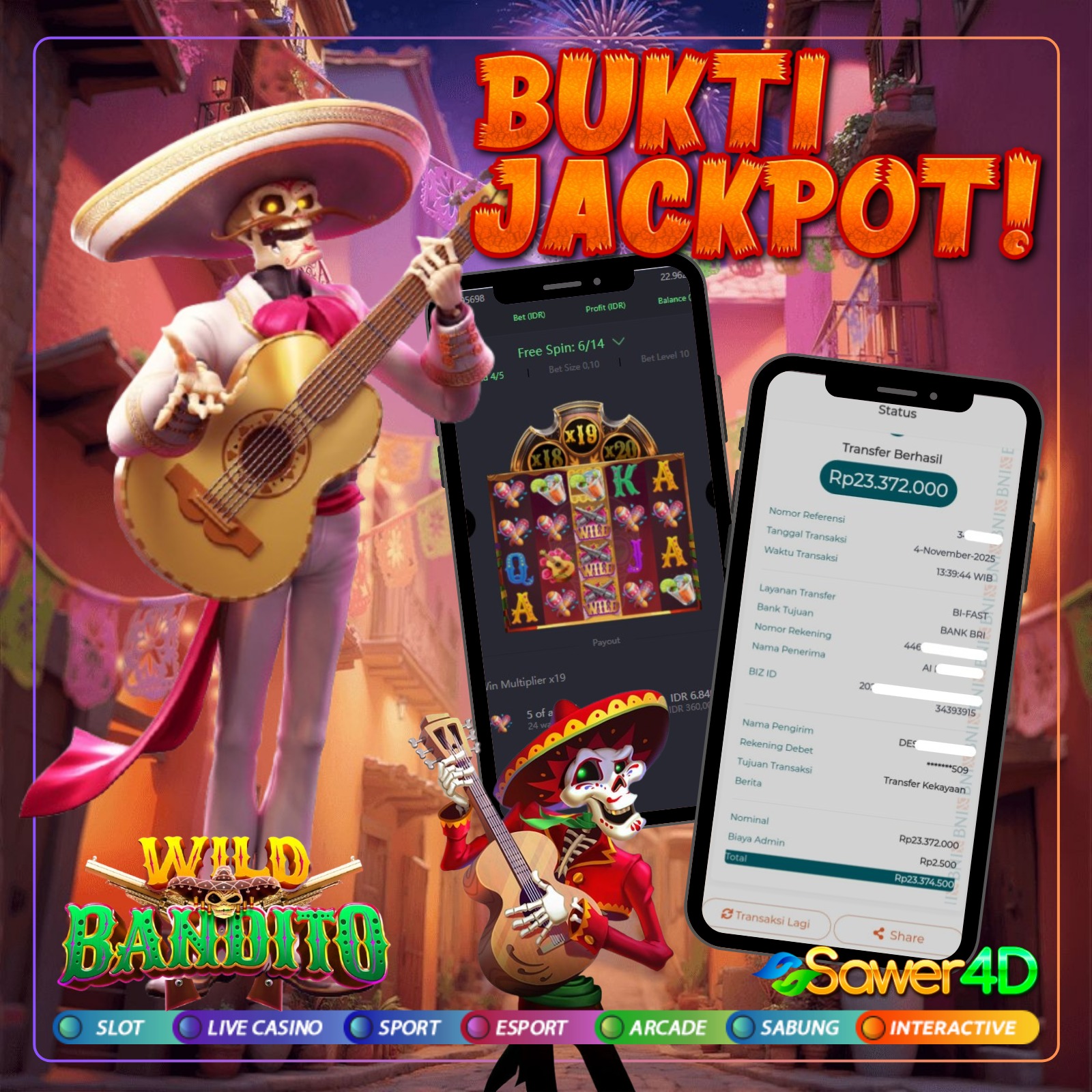 💥 Selamat untuk para pemain yang berhasil menang besar di game Wild Bandito dari PG Soft!