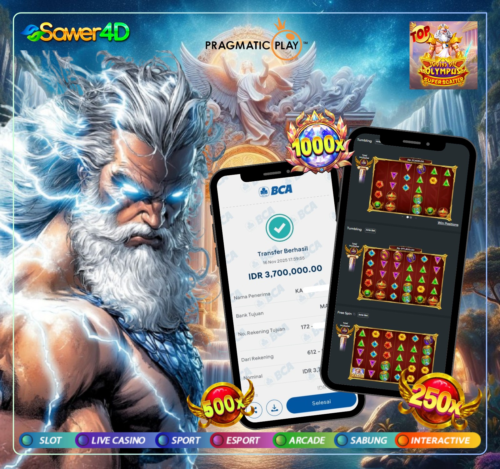 Selamat kepada member setia kami yang berhasil meraih kemenangan besar di game Gate of Olympus Pragmatic Play!