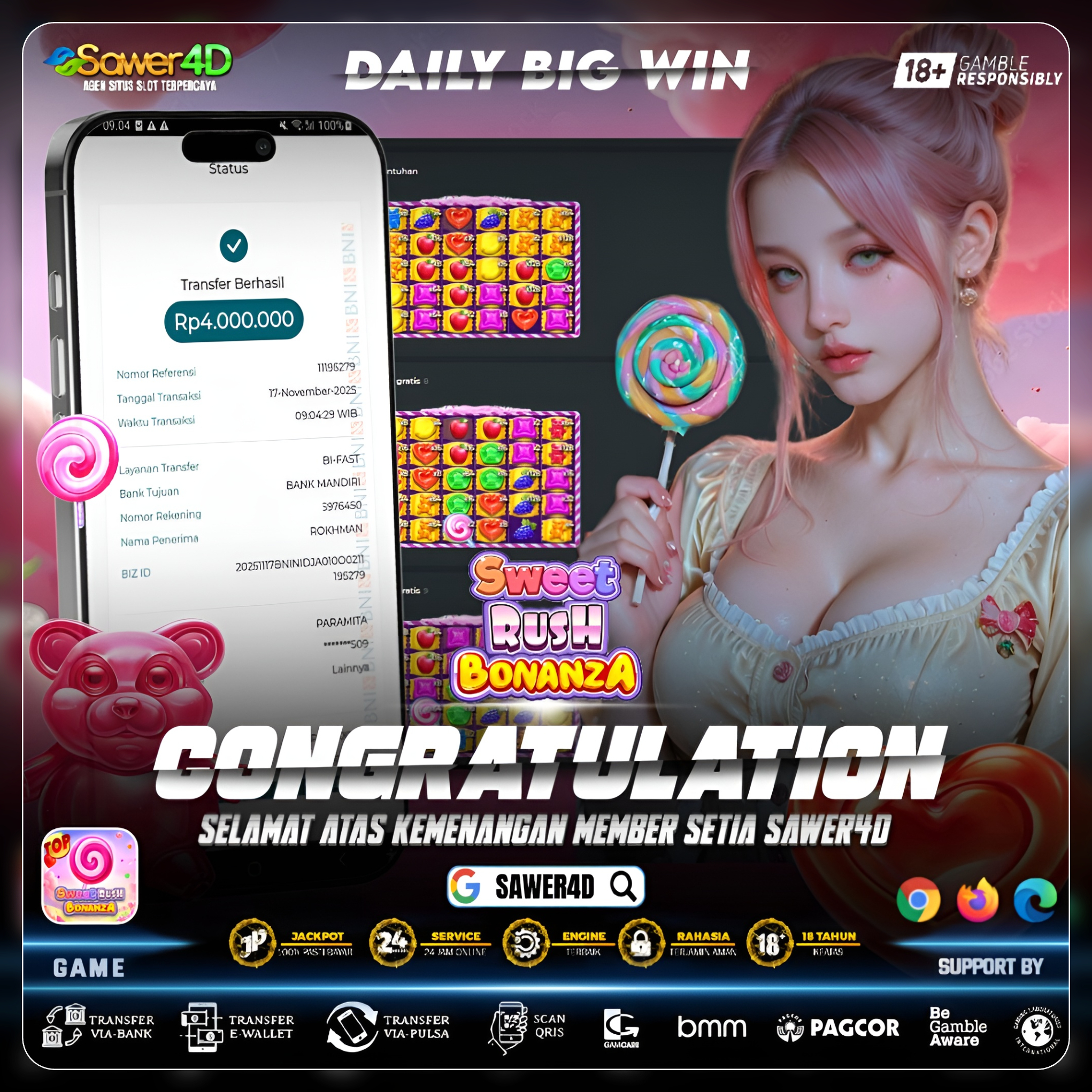 “Permen muter, warna meledak! Ayo merapat dan nikmatin  seru Sweet Rush Bonanzanya!” 🍭🔥