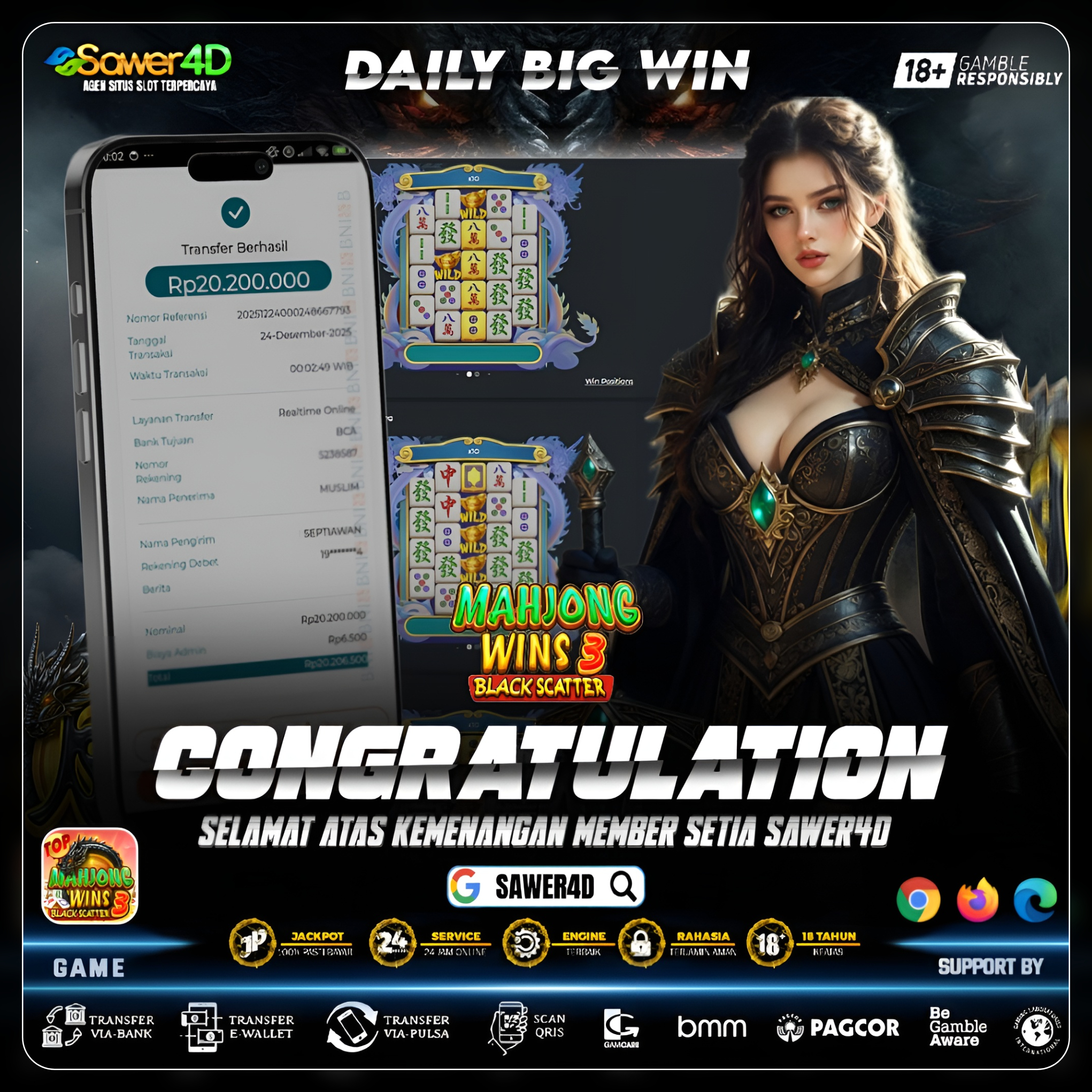“Sekali spin, BLACK SCATTER langsung menyala! Mahjong Wins 3 memang mantap 🔥”
