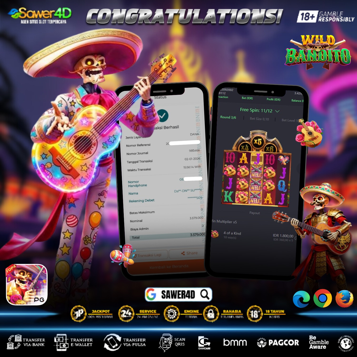 Selamat atas kemenangan di permainan Wild Bandito 🎉 Permainan berjalan panas, Wild muncul tepat waktu, dan hasilnya benar-benar memuaskan.