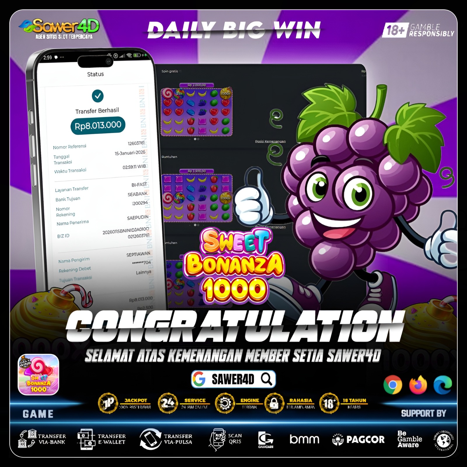Sweet Bonanza 1000 lagi baik hari ini, manisnya kerasa sampai saldo 😋🍬