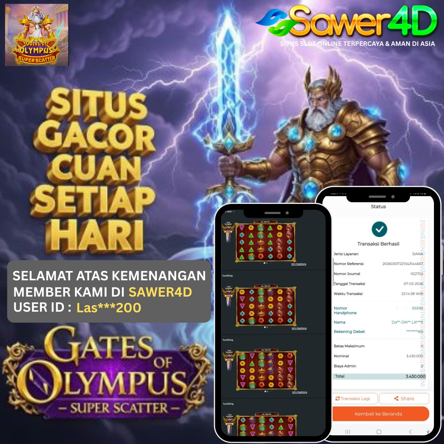 Selamat bosku! Kemenangan besar di Gates of Olympus berhasil diamankan. Petir Zeus turun berkali-kali, saldo langsung melesat tinggi!