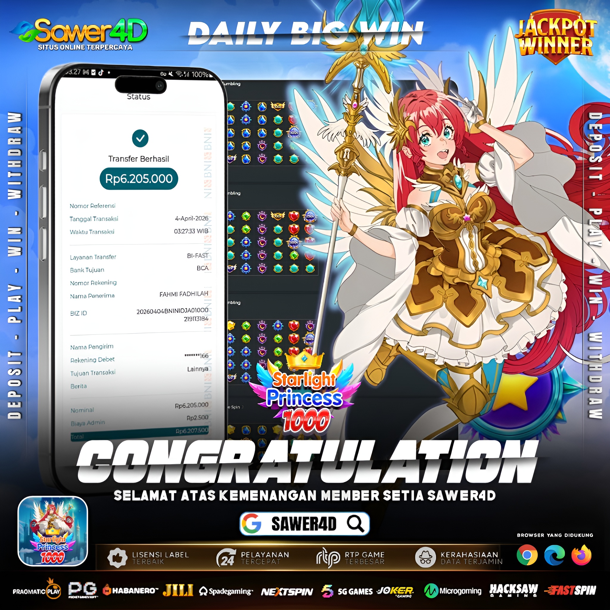 Modal santai, hasil luar biasa! Scatter turun tanpa aba-aba, langsung dihujani perkalian gede sampe tembus 6,2 juta 💸✨  Main sabar, spin konsisten, dan BOOM… cuan pun datang menghampiri!