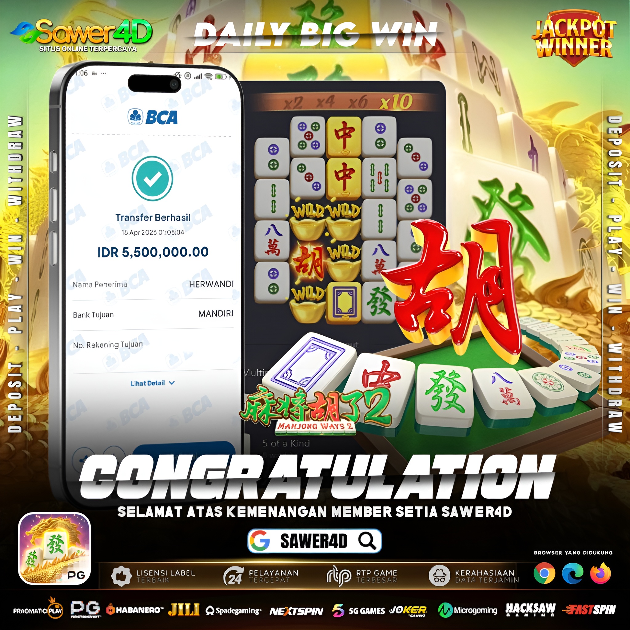 Modal santai, hasilnya bikin melongo! 💸  Scatter turun tanpa ampun, kombinasi wild berjejer, langsung gas sampai wede 5.5 juta! 🀄