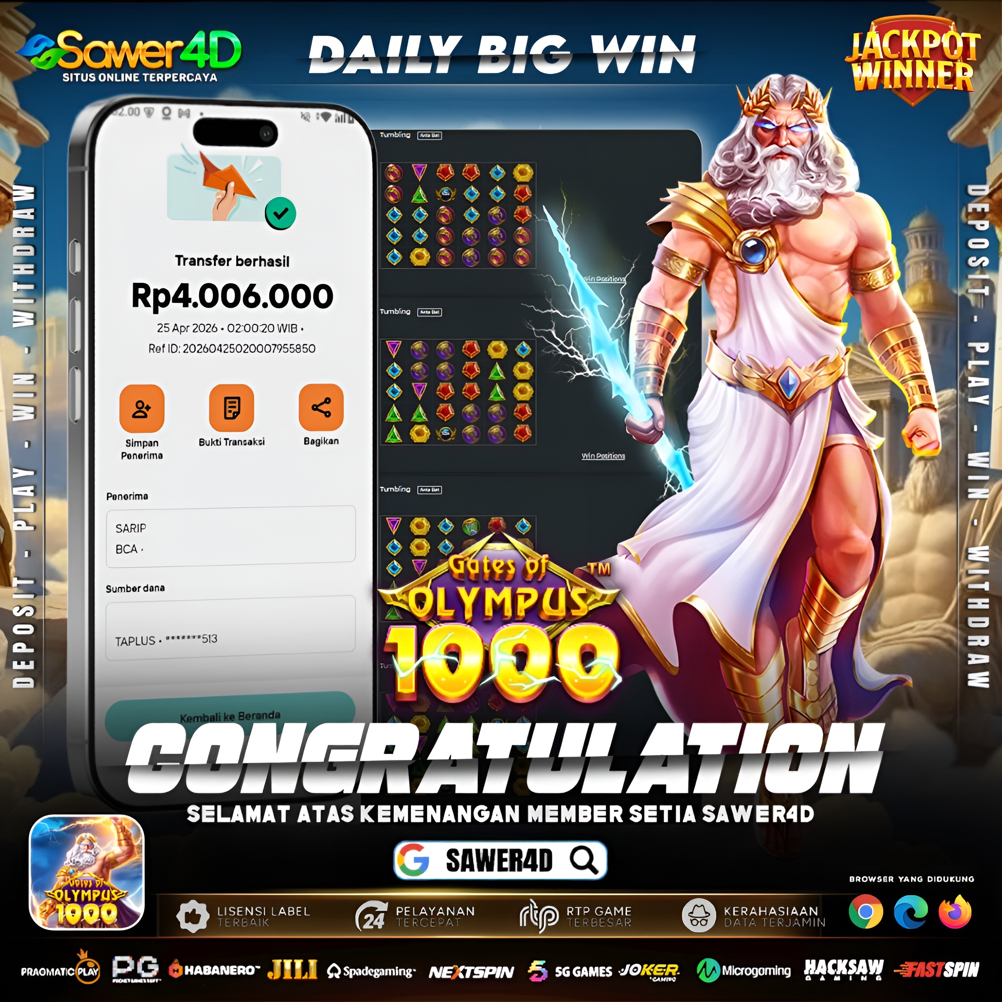 Petir Zeus nggak main-main hari ini ⚡ Modal santai, hasilnya langsung meledak! 💥 Scatter turun, perkalian merah nempel terus — sekali spin langsung tembus 4 juta! 🤑