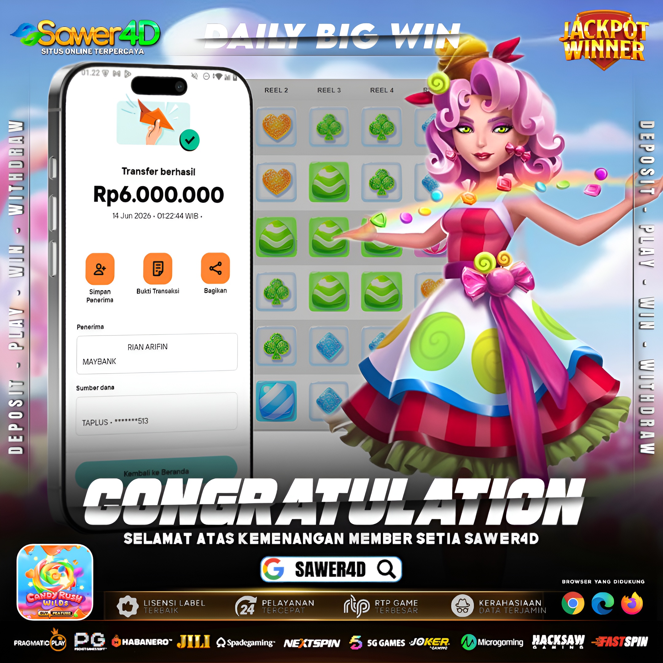 "Si manis pembawa cuan! Berkat keberuntungan hari ini, berhasil WD 6juta  di Candy Rush Wilds. Main santai, hasil fantastis. Mantap! 🚀💸"