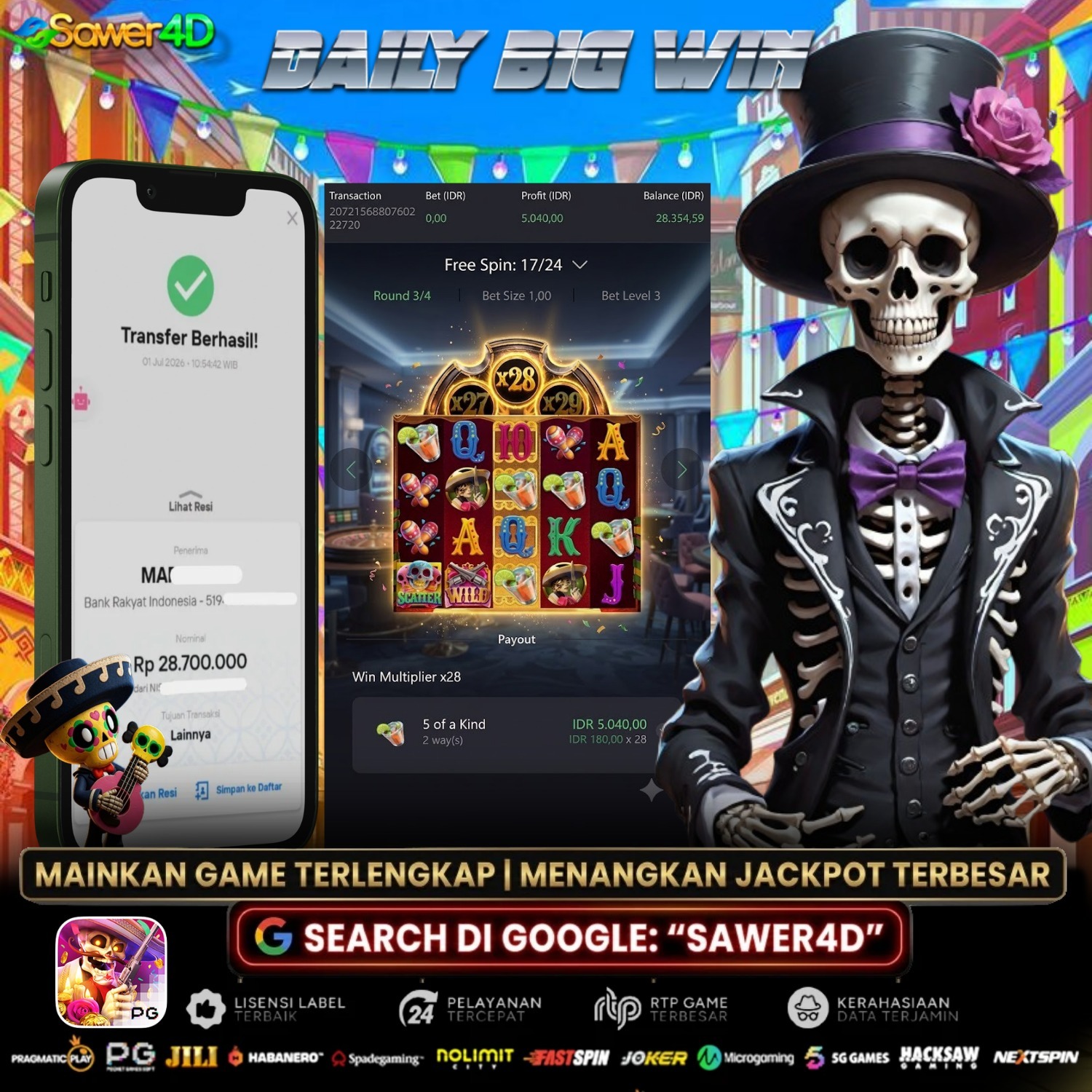 Banditnya gak main-main! Sekali masuk Free Spins langsung bawa pulang kemenangan besar! 💸