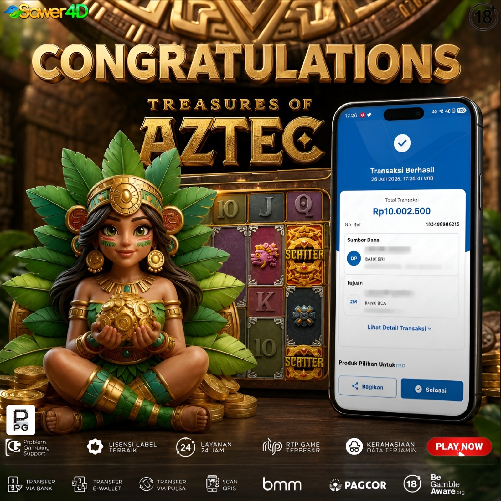 🎊 Mantap bro! Selamat atas kemenangan di Aztec. Semoga hoki terus datang dan membawa banyak momen bahagia. 💰