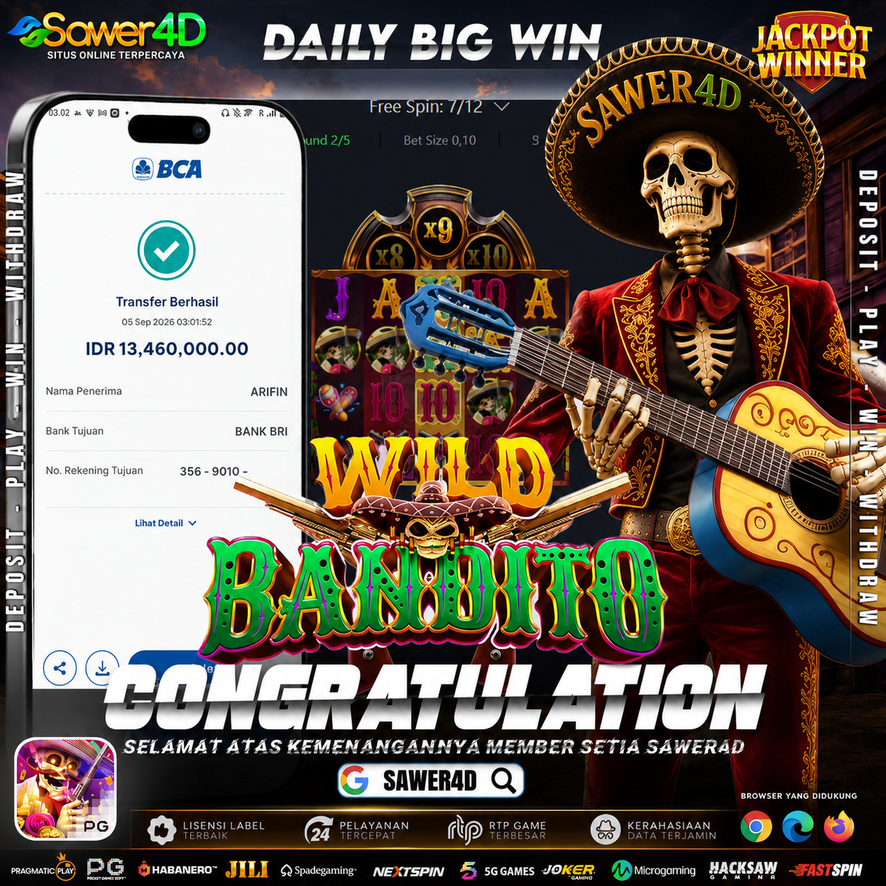 🔥 SELAMAT ATAS KEMENANGANNYA DI WILD BANDITO! 🏆🎉 Hasil yang luar biasa dan momen yang mantap banget! ✨🔥