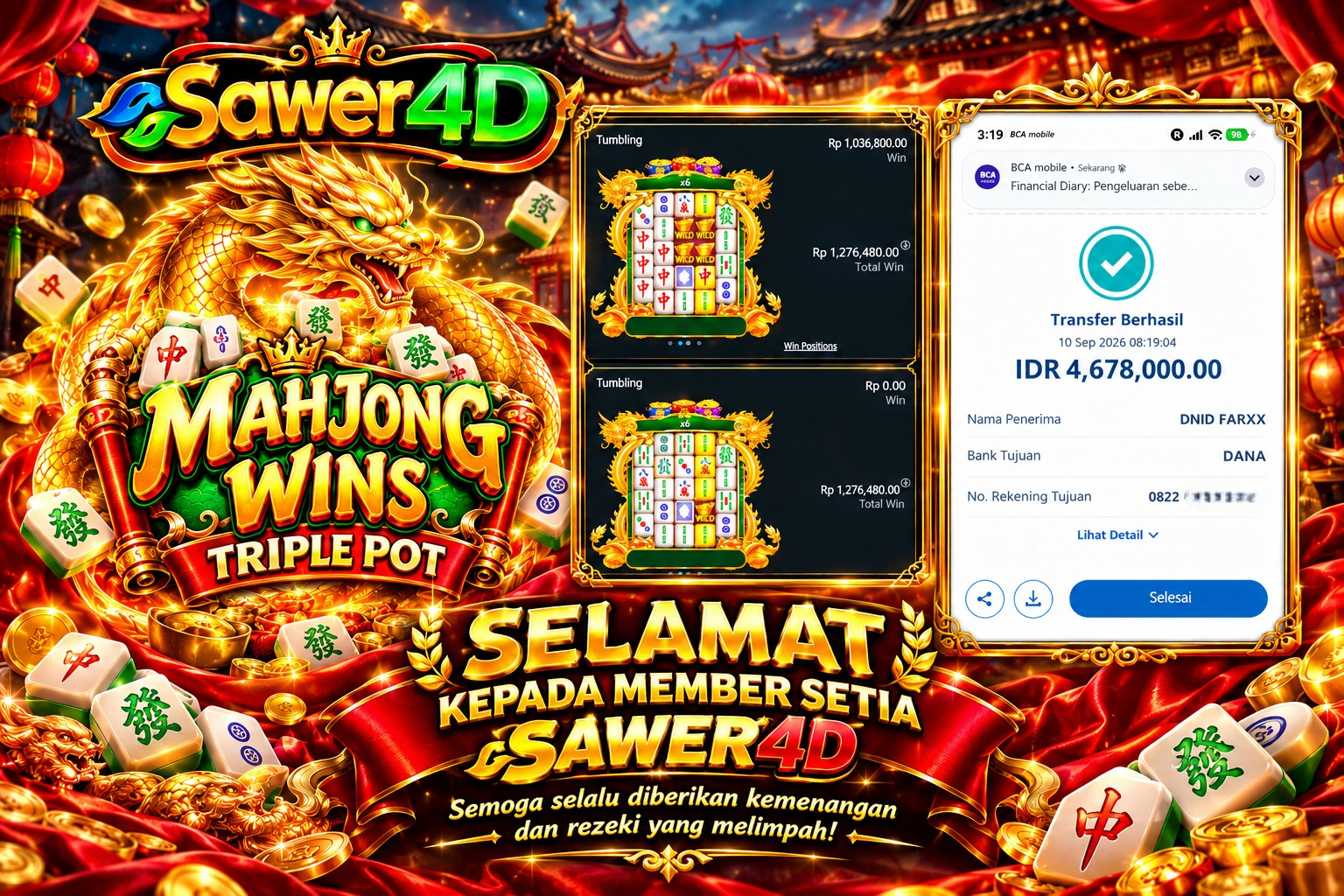 🀄🔥 SELAMAT ATAS HASIL LUAR BIASA DI MAHJONG WINS TRIPLE POT! 🏆✨ Momen yang keren banget, hasilnya sukses bikin senyum! 🎉