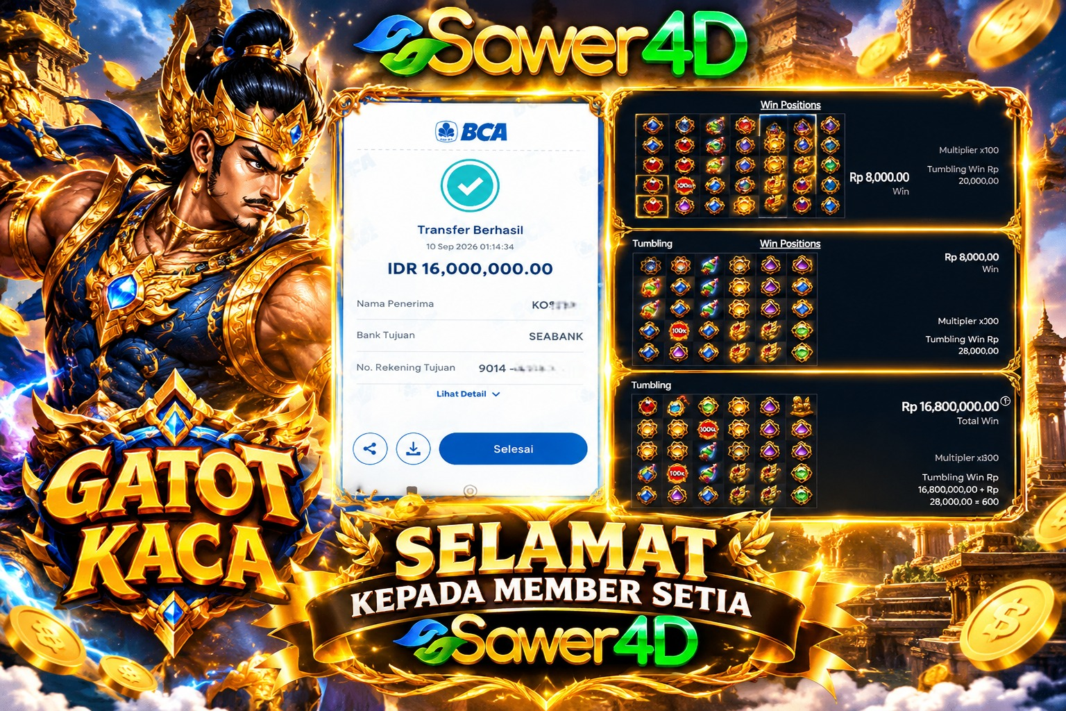 🔥 SELAMAT ATAS KEMENANGANNYA DI GATOT KACA! 🏆✨ Hasil yang mantap banget! 🎉